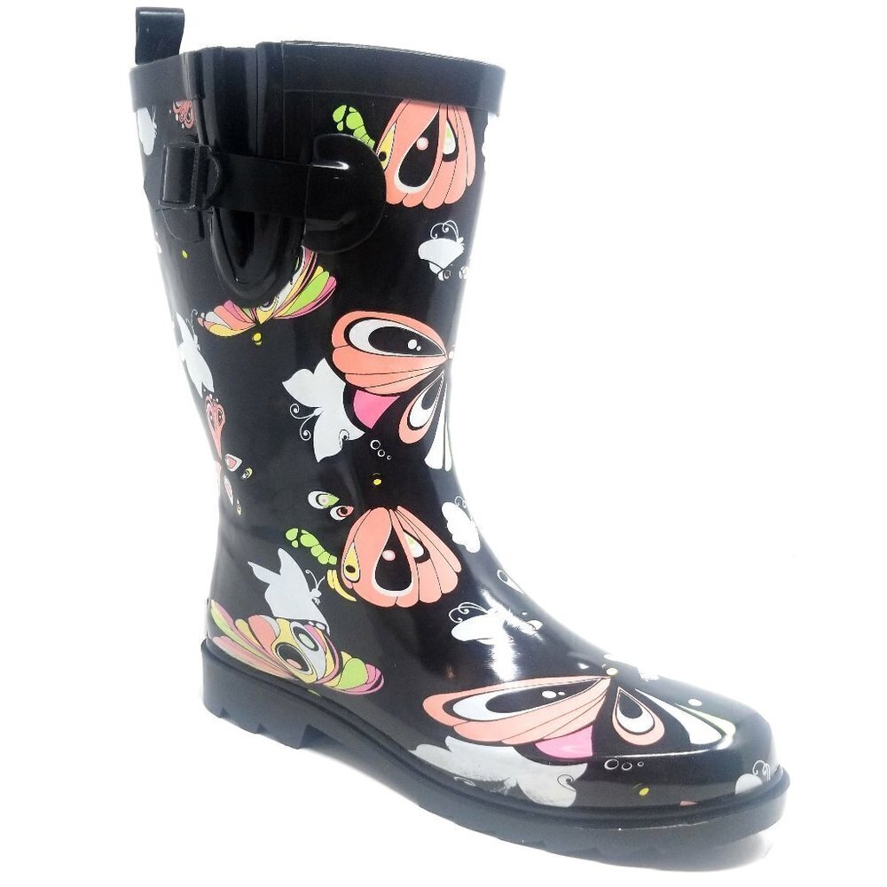 Women's Rainboots, Rubber Mid Calf Rain Boots, RB-3170 Butterfly, Size 6